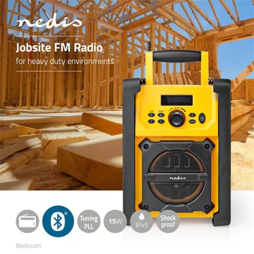 Nedis RDFM3100YW munka rádió, FM, bluetooth, rezgéscsillapítás, 15W, 20 FM állomás, 3,5 mm audióbemenet
