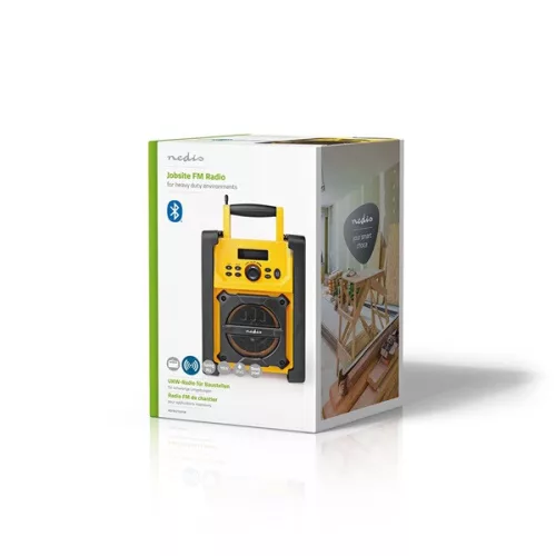Nedis RDFM3100YW munka rádió, FM, bluetooth, rezgéscsillapítás, 15W, 20 FM állomás, 3,5 mm audióbemenet