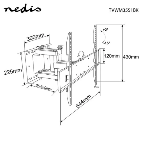Nedis TVWM3551BK szabadon mozgatható fali LCD TV / monitor tartó konzol (37"-80"), 35kg