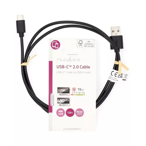 Nedis CCGL60600BK10 USB A - USB C (USB-C) kábel, USB2.0, 15W, hossz 1m