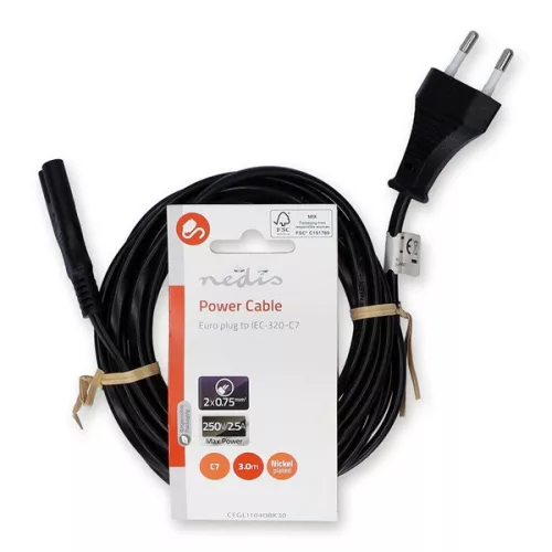 Nedis CEGL11040BK30 tápkábel IEC-320-C7, 2 x 0.75 mm, hossz 3m