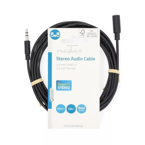 Nedis CAGL22050BK30 3,5mm jack hosszabító hábel, 3,5mm sztereo jack dugó - 3,5mm sztereo jack aljzat, hossz 3m