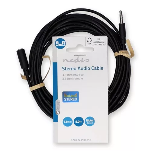 Nedis CAGL22050BK50 3,5mm jack hosszabító hábel, 3,5mm sztereo jack dugó - 3,5mm sztereo jack aljzat, hossz 5m