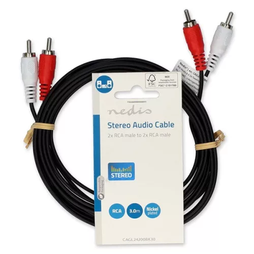 Nedis CAGL24200BK30 sztereo audio kábel, 2 X RCA dugó - 2 X RCA dugó, hossz 3m