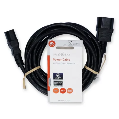 Nedis CEGL10500BK30 tápkábel IEC-320-C14 - IEC-320-C13, 3 x 1mm, hossz 3m