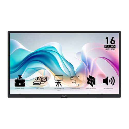 MSI Monitor Business PRO MP165 E6, 15,6" FHD 1920x1080, IPS, 250 cd/m2, 16:9, 60 Hz, 4ms, 2x USB-C, miniHDMI, Black