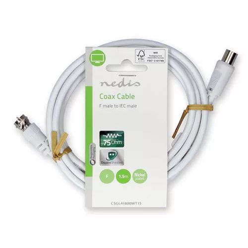 Nedis CSGL41800WT15 F dugó - koax dugó kábel, 75 Ohm, dupla árnyékolás, 1.5m