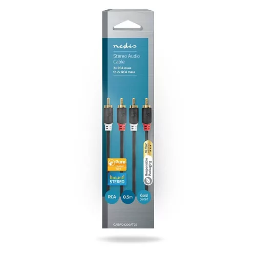Nedis CABW24200AT05 sztereo audió kábel 2x RCA férfi,  2x RCA férfi, Aranyozott,  0,50 m , kerek,  Antracit