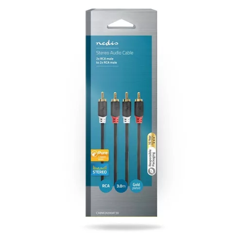 Nedis CABW24200AT30 sztereo audió kábel 2x RCA férfi,  2x RCA férfi, Aranyozott,  3 m , kerek,  Antracit