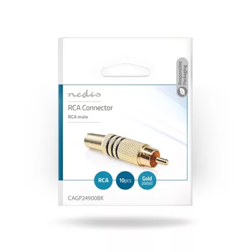Nedis CAGP24900BK RCA csatlakozó, 10 db, Egyenes, Aranyozott,  Forrasztható, Kábel bemeneti átmérő: 7,0 mm, Fém