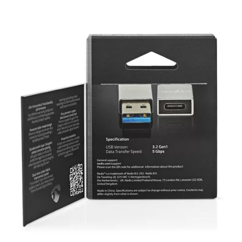 Nedis CCTB60925AL USB-A adapter, USB 3.2 Gen 1, USB-A férfi, USB-C™ anya, 5 Gbps,  kerek,  Nikkelezett, Ezüst