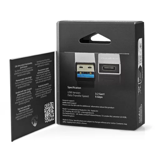 Nedis CCTB60925AL USB-A adapter, USB 3.2 Gen 1, USB-A férfi, USB-C™ anya, 5 Gbps,  kerek,  Nikkelezett, Ezüst