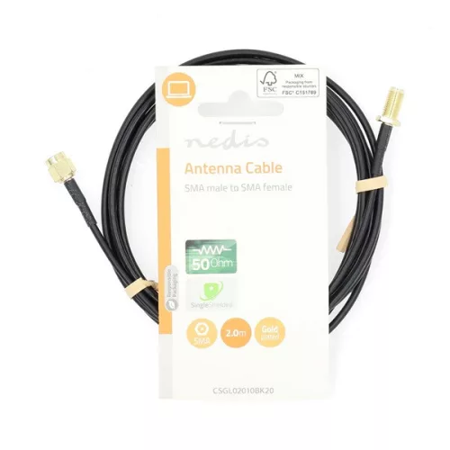 Nedis CSGL02010BK20 SMA kábel, SMA férfi,  SMA nő, Aranyozott, 50 Ohm,  árnyékolt, 2 m | kerek,  PVC, Fekete