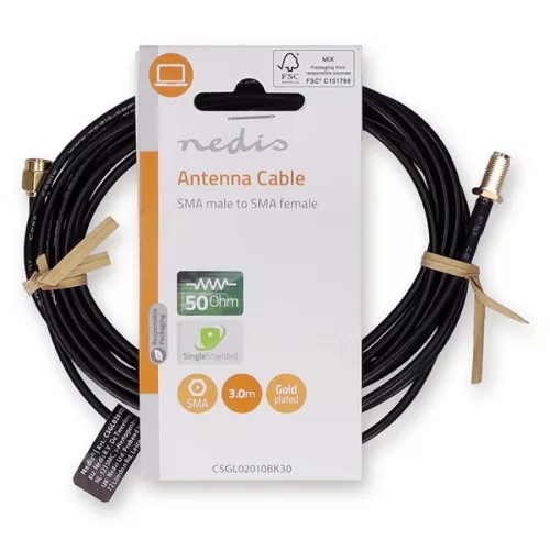 Nedis CSGL02010BK30 SMA kábel, SMA apa,  SMA anya, Aranyozott, 50 Ohm,  árnyékolt, 3 m | kerek,  PVC, Fekete