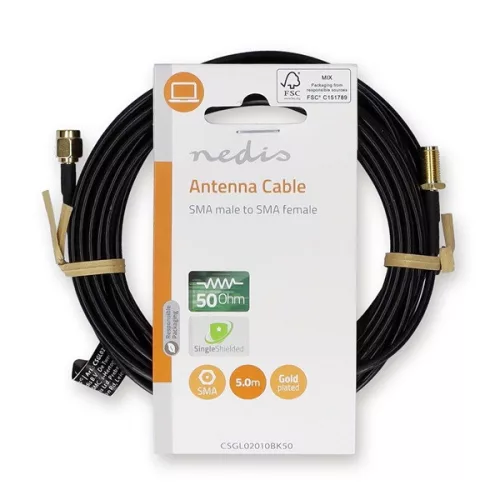 Nedis CSGL02010BK50 SMA kábel, SMA férfi,  SMA nő, Aranyozott, 50 Ohm,  árnyékolt, 5 m | kerek,  PVC, Fekete