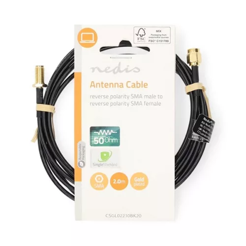 Nedis CSGL02210BK20 SMA kábel, RP SMA férfi, RP SMA női, Aranyozott, 50 Ohm, Egyetlen árnyékolt, 2,00 m, kerek