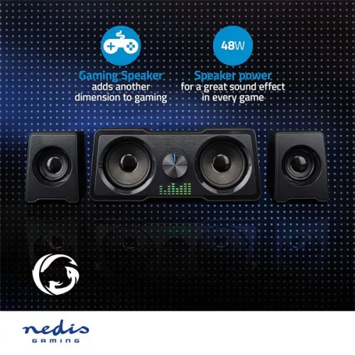 Nedis GSPR21022BK gamer hangszóró készlet, csatornák: 2.2, USB tápellátás, 3,5 mm jack, 48 W, LED, hangerőszabályozó