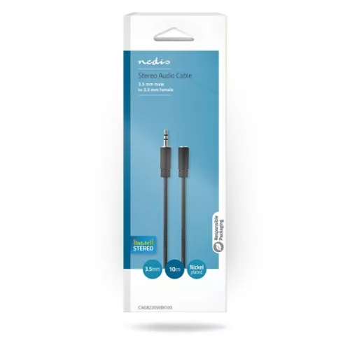 Nedis CAGB22050BK100 sztereo audio kábel, 3,5 mm jack dugó - 3,5 mm jack aljzat, 10 m
