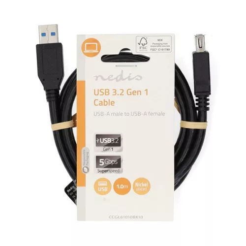 Nedis CCGL61010BK10 USB3.2 toldó / hosszabító kábel, USB A dugó, USB-A aljzat, 5 Gbps, 1m, (USB3.1, USB3.0, USB2.0)