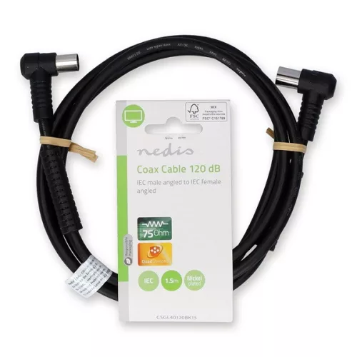 Nedis CSGL40120BK15 koax RF kábel, koax férfi (dugó), koax női (aljzat) 120 dB, 75 Ohm, Négyszeresen árnyékolt ,  1,5m