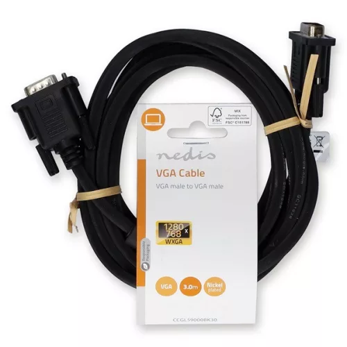 Nedis CCGL59000BK30, VGA kábel, VGA dugó - dugó, Maximális felbontás: 1280x768, hossz: 3m