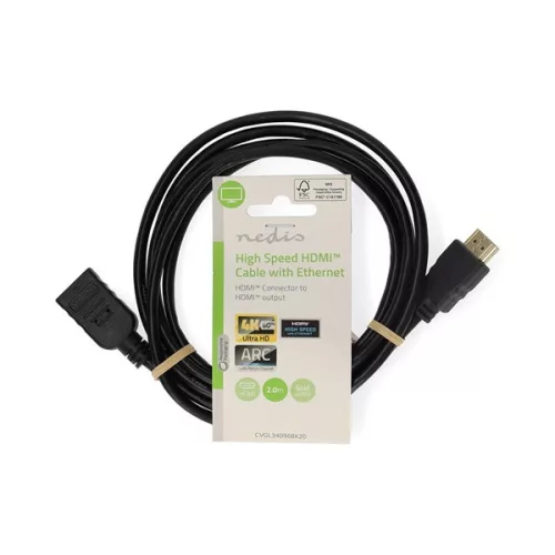 Nedis ultra HD HDMI hosszabbító (toldó) kábel CVGL34096BK20, HDMI dugó - aljzat, 4K@60Hz, ARC, 10,2 Gbps, 2 m