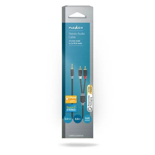 Nedis CABW22200AT30 sztereo audió kábel 3,5mm sztereo jack - 2x RCA,  Aranyozott,  3 m