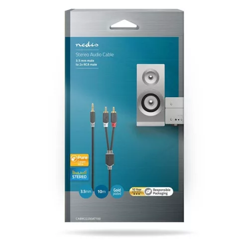 Nedis CABW22200AT100 sztereo audió kábel 3,5mm sztereo jack - 2x RCA,  Aranyozott,  10 m