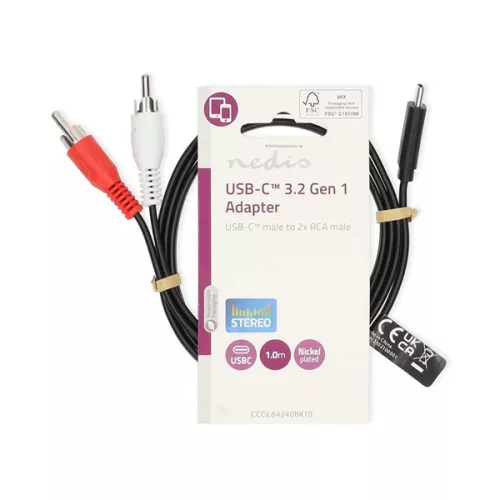 Nedis CCGL64240BK10 USB 3.2 Gen 1, USB-C kábel, USB C dugó - 2x RCA dugó, 1m