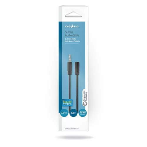 Nedis CAGB22050BK50 sztereo audio kábel, 3,5 mm jack dugó - 3,5 mm jack aljzat,  5 m