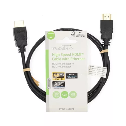 Nedis CVGL34060BK10 ultra HD HDMI kábel, HDMI dugó - dugó, 4K@60Hz, ARC, 18 Gbps, aranyozott csatlakozók, hossz 1m