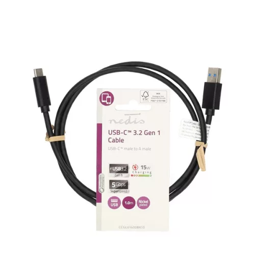 Nedis CCGL61600BK10 USB kábel, USB 3.2 Gen 1, USB-A dugó - USB-C dugó, 15 W | 5 Gbps, 1 m