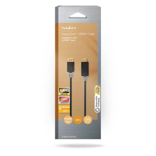 Nedis CCBW37100AT20 displayport dugó -  HDMI dugó kábel, 4K@30Hz, aranyozott, 2 m