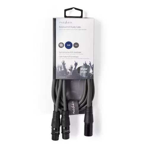 Nedis COTH15025GY15 balanced/szimmetrikus félprofi XLR audio kábel, XLR 3p dugó - 2 x XLR 3p aljzat, 1.5m, rugalmas