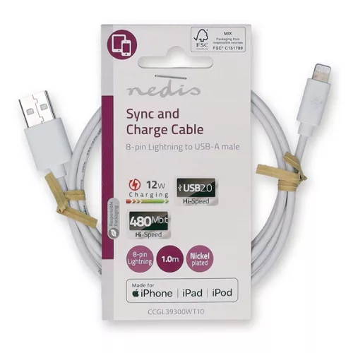 Nedis CCGL39300WT10 USB 2.0, Apple Lightning 8-Pin kábel MFI engedélyes Apple chipkészlettel, 1m