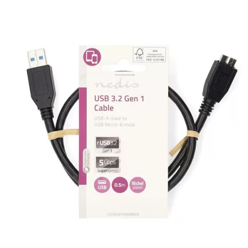 Nedis CCGL61500BK05 USB3.2 - micro-B (micro B) kábel, 5 Gbps, 0,5m, (USB3.1, USB3.0, USB2.0)