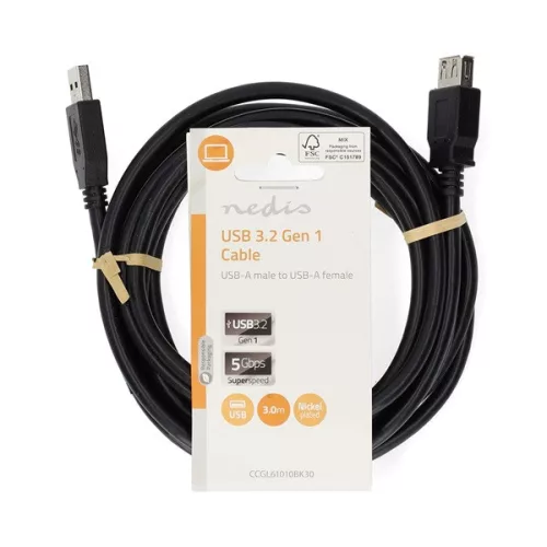 Nedis CCGL61010BK30 USB3.2 toldó / hosszabító kábel, USB A dugó - USB-A aljzat, 5 Gbps, 3m, (USB3.1, USB3.0, USB2.0)