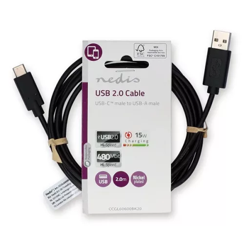 Nedis CCGL60600BK20 USB A - USB C (USB-C) kábel, USB2.0, 15W, hossz 2m
