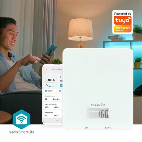 Nedis KASC800WTW konyhai okos mérleg, Bluetooth, 5000 féle élelmiszer tápértéke és energiaértéke
