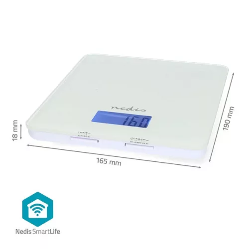 Nedis KASC800WTW konyhai okos mérleg, Bluetooth, 5000 féle élelmiszer tápértéke és energiaértéke