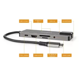   Nedis CCBW64775AT02 USB-C (USB) dokkoló (HUB) - multi port, USB 3.2 Gen 1, USB-C 100W PD, HDMI, RJ45, SD kártyaolvasó