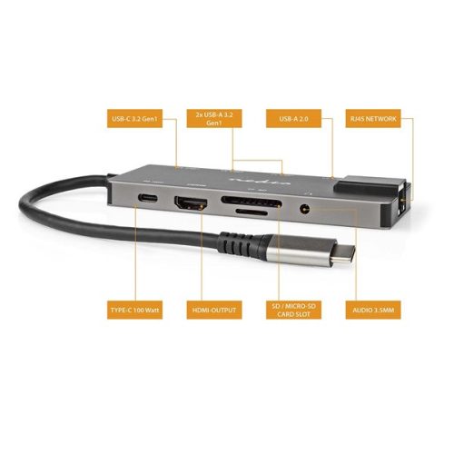 Nedis CCBW64775AT02 USB-C (USB) dokkoló (HUB) - multi port, USB 3.2 Gen 1, USB-C 100W PD, HDMI, RJ45, SD kártyaolvasó
