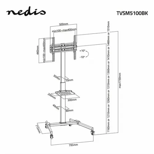 Nedis TVSM5100BK kerekes gurulós LCD TV/Monitor állvány (tartó konzol), 32"-55", szabadon álló, 35kg