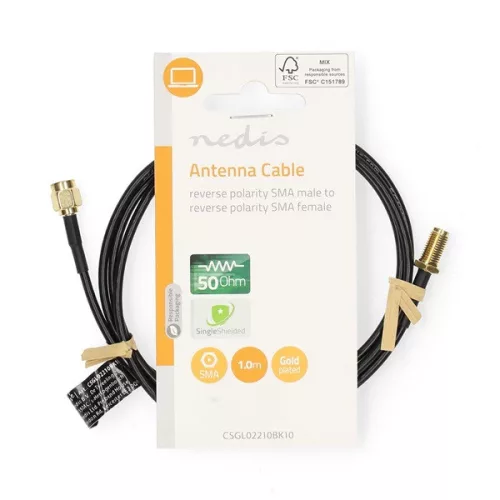 Nedis CSGL02210BK10 SMA kábel, RP SMA férfi, RP SMA női, Aranyozott, 50 Ohm, Egyetlen árnyékolt, 1 m