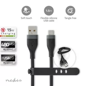   Nedis CCGB60800BK15 flexibilis USB A - USB C (USB-C) kábel, USB2.0, 15W, hossz 1,5m, fekete rugalmas szilikon
