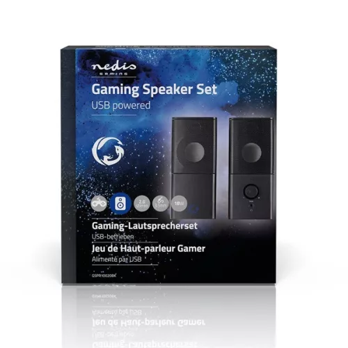 Nedis GSPR10020BK aktív gamer hangszóró 2.0, USB tápellátás, 3,5 mm jack, 18 W, Hangerőszabályozó