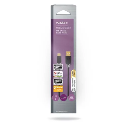 Nedis CCBW60601AT20 USB kábel, USB2.0 Gen 1, USB-A dugó - USB-C dugó, 60 W | 480 Mbps, 2 m