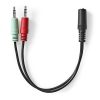 Nedis CAGB22160BK02 sztereo audio kábel, 2x 3,5 mm jack dugó - 3,5 mm sztereo jack aljzat, 0,20m