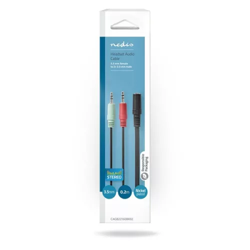 Nedis CAGB22160BK02 sztereo audio kábel, 2x 3,5 mm jack dugó - 3,5 mm sztereo jack aljzat, 0,20m