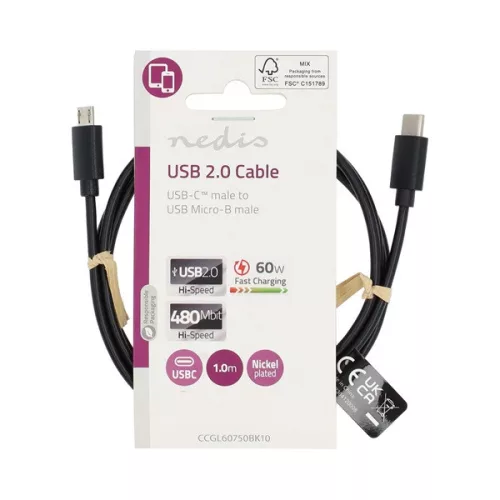 Nedis CCGL60750BK10 USB2.0, USB-C apa - USB Micro-B apa, 60 W, 480 Mbps, hossz 1m